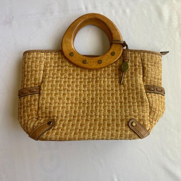 Vintage Fossil Purse Beige Brown Straw Woven Bag Handbag Wooden Handle Boho - Picture 1 of 6